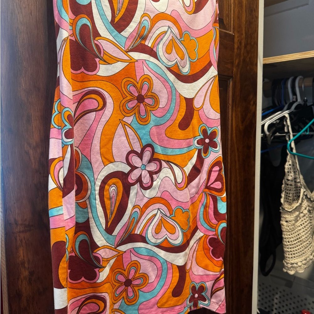 Orange and Pink Strapless A-line Midi Dress